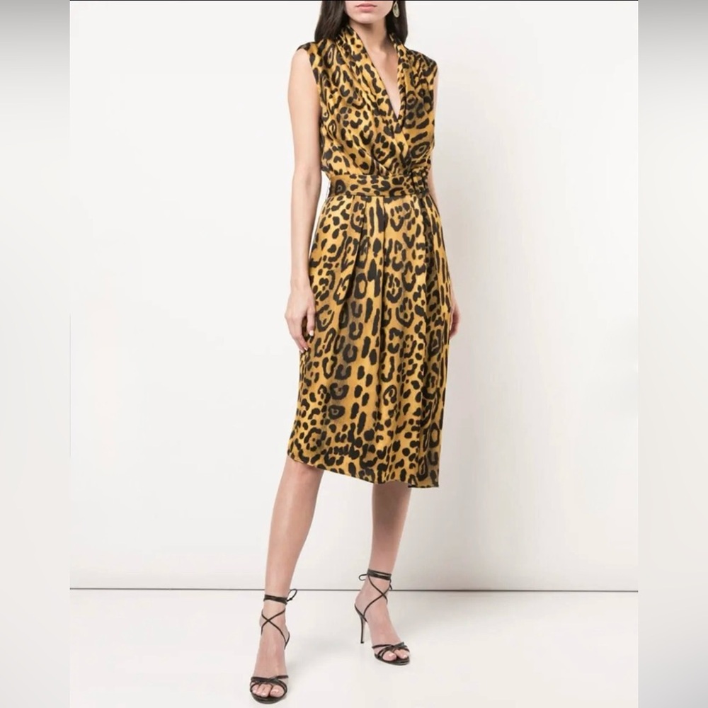 Adam Lippes Animal Print Leopard Gold Midi Dress Mock Wrap V-neck Sz 4